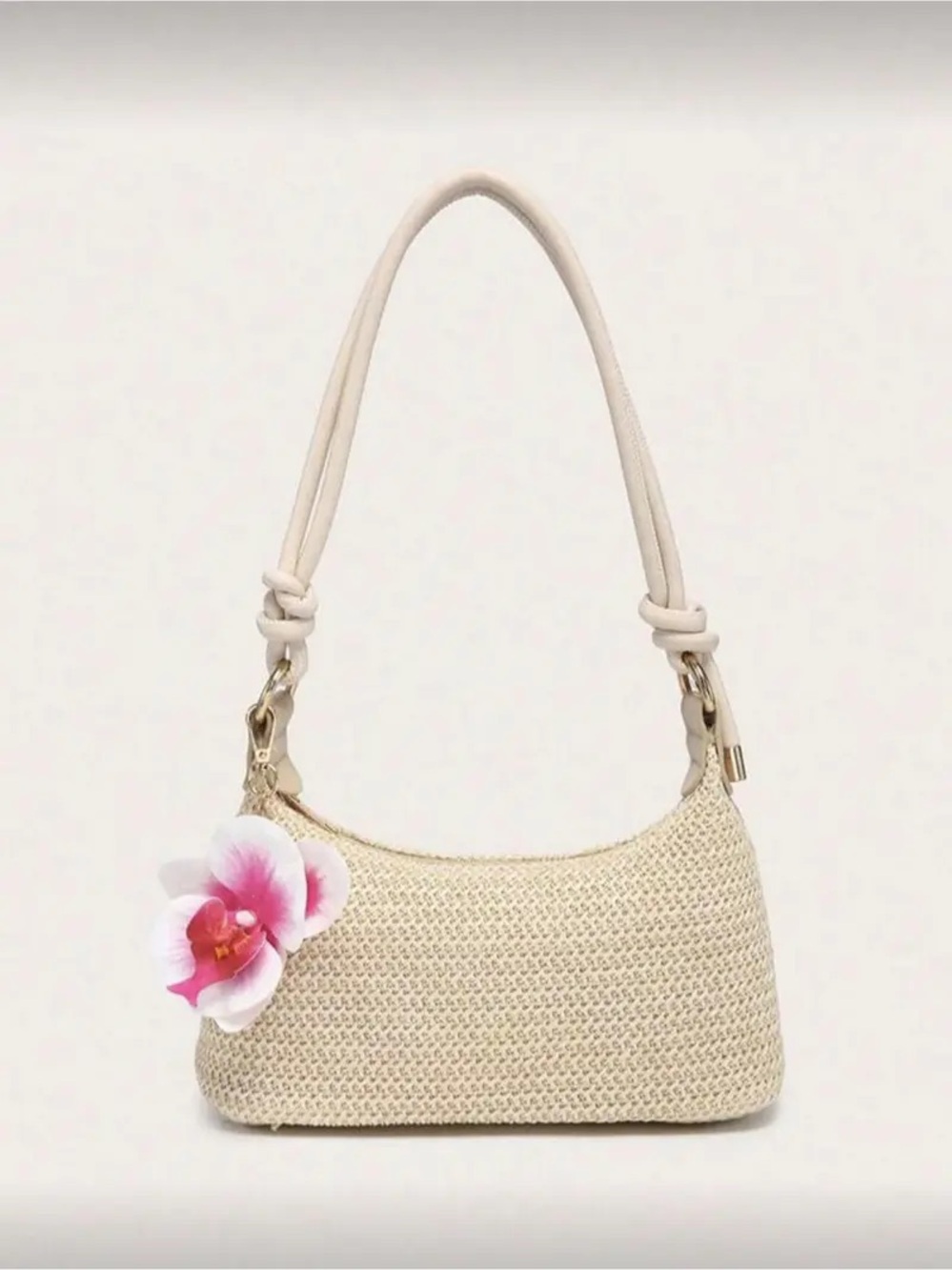Dreamy Cream Woven Straw Baguette Bag | Detachable Pink Orchid Charm Summer Reso